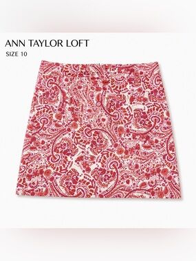 LOFT Pink Red Paisley Cotton Pencil Skirt Size 10 Lined Preppy Boho